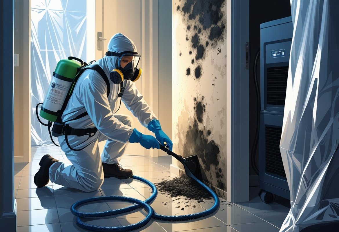 A technician in protective gear removing black mold from a wall inside a home during a mold remediation service.