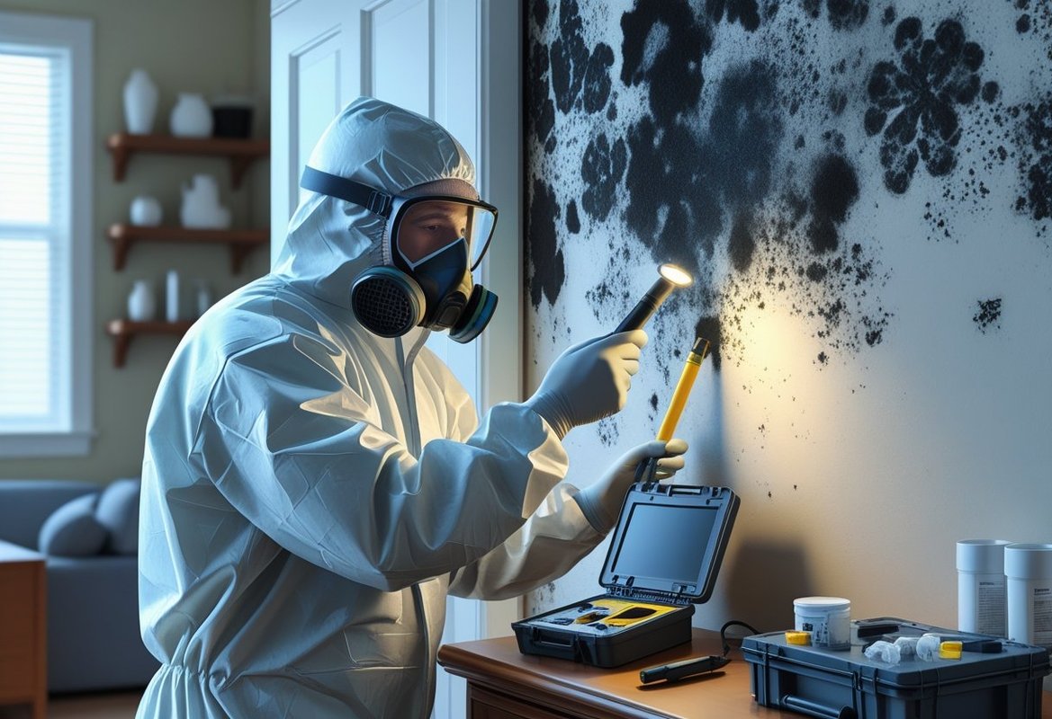 A technician in protective gear inspecting a wall with black mold inside a home using a moisture meter and flashlight during a mold remediation assessment.