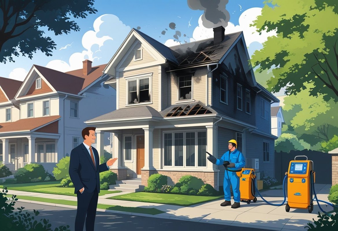 A homeowner talks with an insurance agent while a restoration worker inspects a smoke and fire damaged house in a Georgian neighborhood.