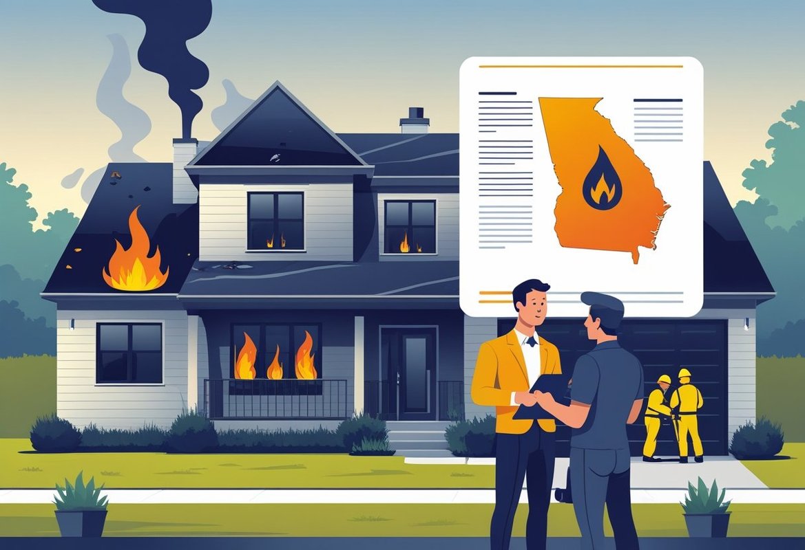 A house with fire and smoke damage being inspected by an insurance agent talking to a homeowner, with a map of Georgia and restoration workers cleaning the damage in the background.